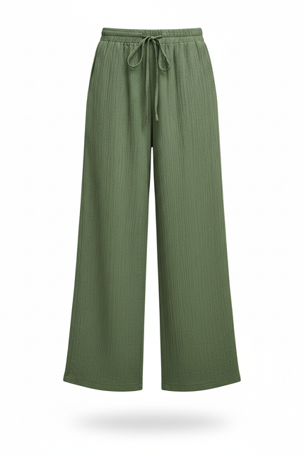 Pantalon En Lin Vert Ample Fluide Cordon Décontracté - vue 3