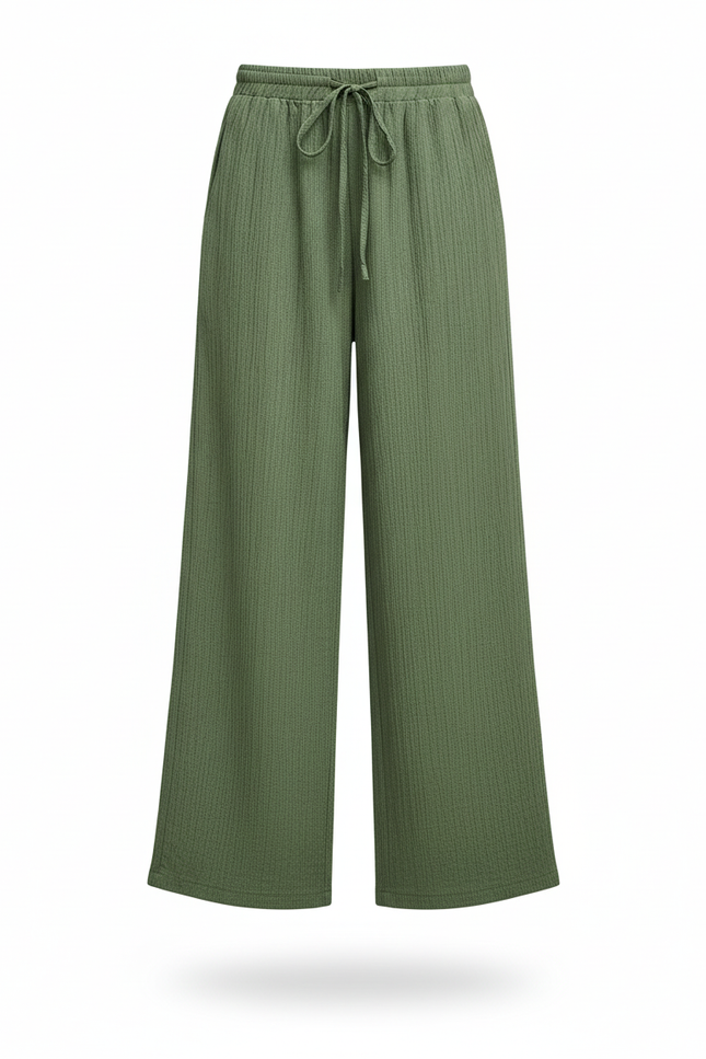 Pantalon En Lin Vert Ample Fluide Cordon Décontracté - vue 3
