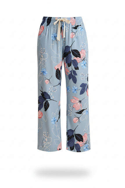 Pantalon En Lin Imprimé Floral Fluide Bleu Décontracté - vue 3