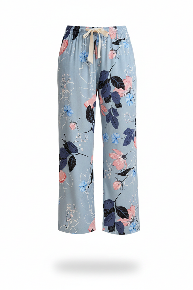 Pantalon En Lin Imprimé Floral Fluide Bleu Décontracté - vue 3