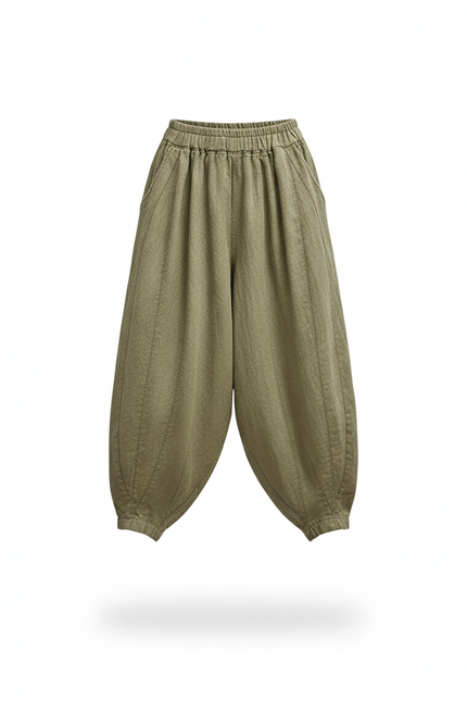 Pantalon En Lin Vert Citrouille Bohème Ample Décontracté - Kaki - vue 3
