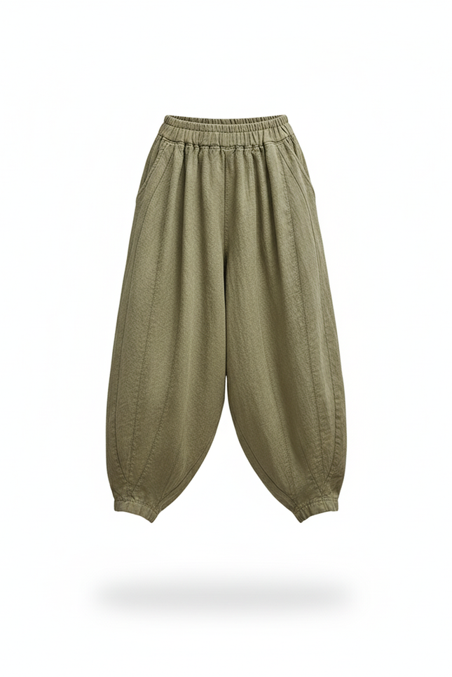 Pantalon En Lin Vert Citrouille Bohème Ample Décontracté - Kaki - vue 3