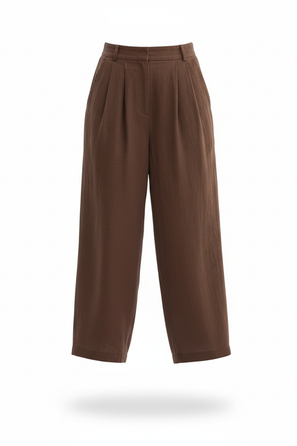 Pantalon En Lin Ample Marron Plissé Décontracté Femme - vue 3