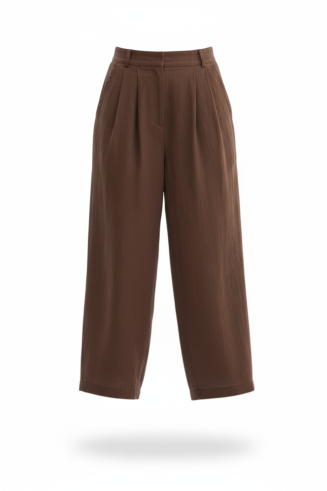Pantalon En Lin Ample Marron Plissé Décontracté Femme - vue 3