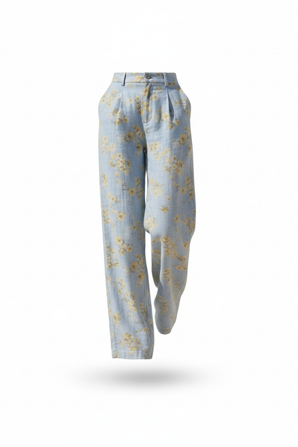 Pantalon En Lin Fleuri Bleu Ample Estival Décontracté - vue 3