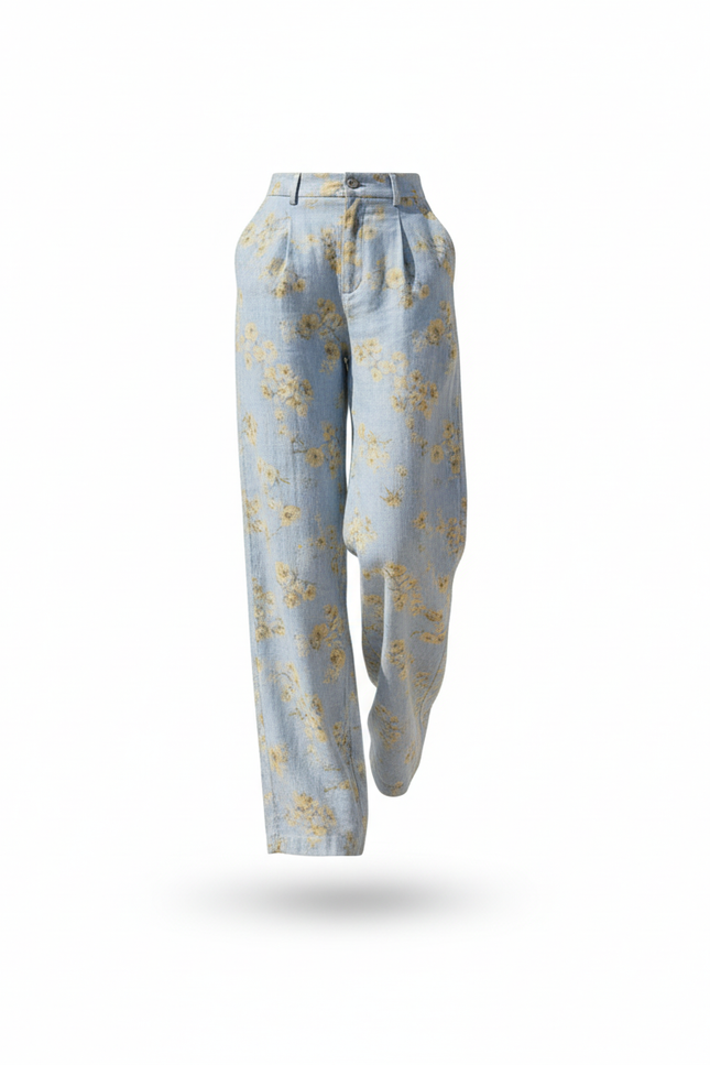 Pantalon En Lin Fleuri Bleu Ample Estival Décontracté - vue 3