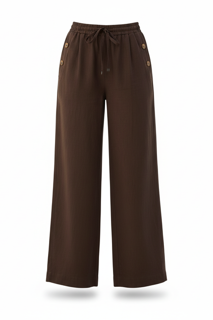 Pantalon En Lin Marron Ample Fluide Cordon Boutons - vue 3