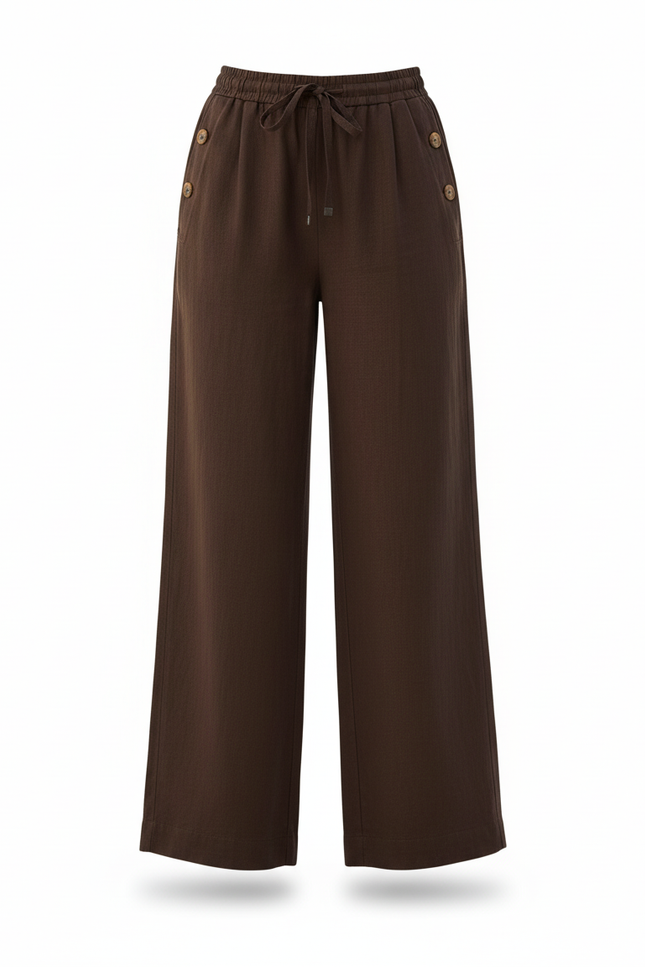 Pantalon En Lin Marron Ample Fluide Cordon Boutons - vue 3