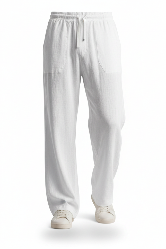 Pantalon En Lin Blanc Ample Droit Décontracté Homme - vue 3