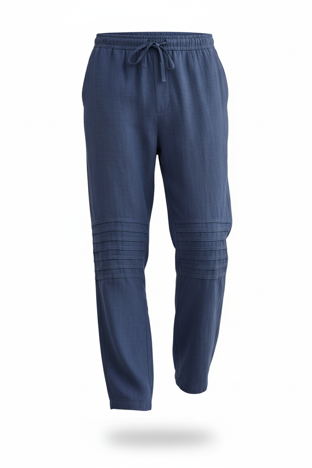 Pantalon En Lin Bleu Marine Ample Cordon Plissé - vue 3