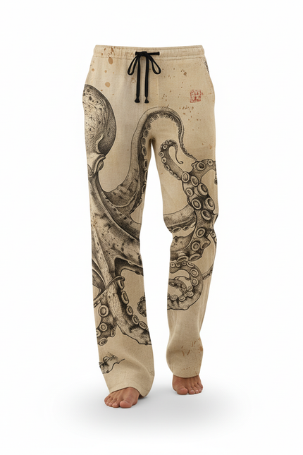 Pantalon En Lin Beige Motif Pieuvre Ample Respirant - vue 3