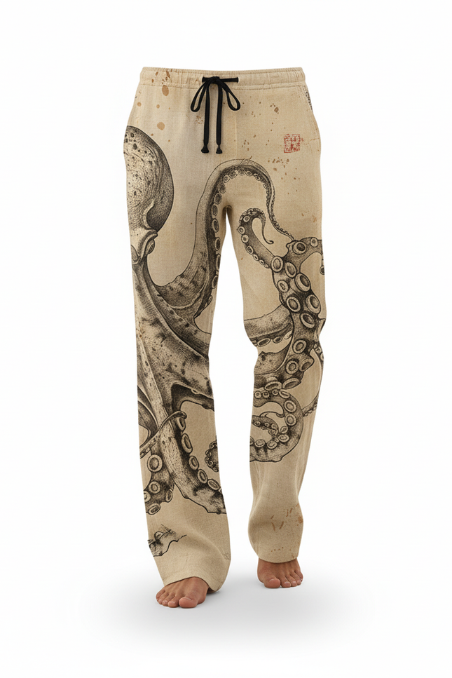 Pantalon En Lin Beige Motif Pieuvre Ample Respirant - vue 3