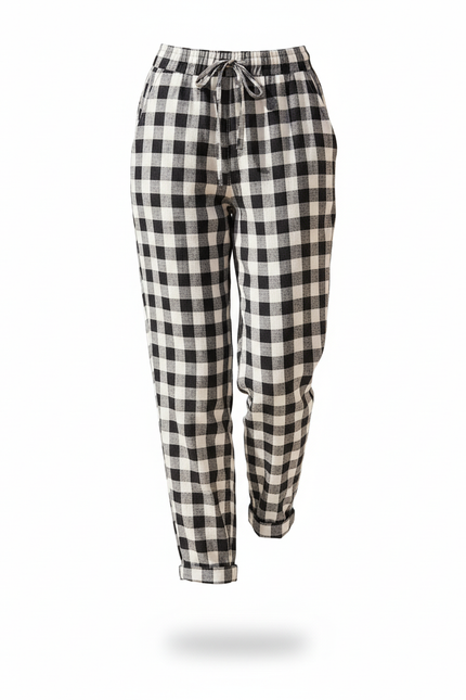 Pantalon En Lin Carreaux Ample Décontracté Coton Élastique - Imprimé - vue 3