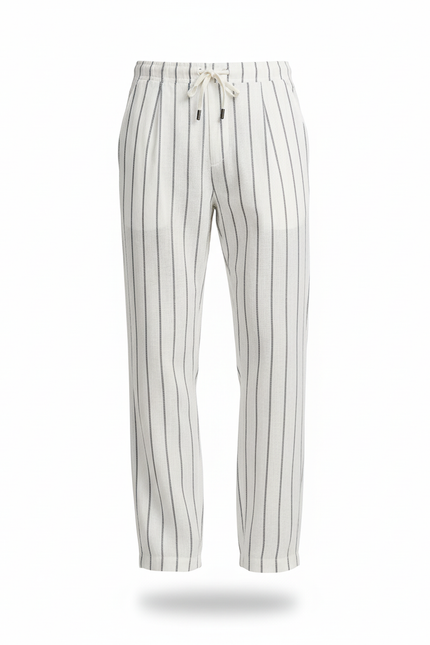 Pantalon En Lin Rayé Ample Confortable Homme - Blanc - vue 3