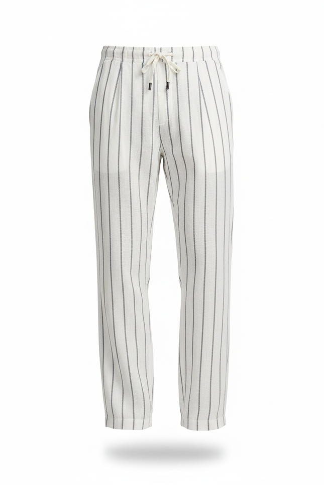 Pantalon En Lin Rayé Ample Confortable Homme - Blanc - vue 3