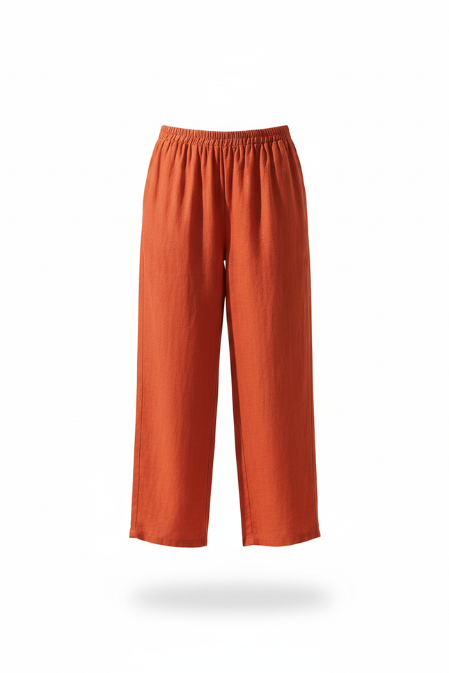 Pantalon En Lin Orange Ample Décontracté Taille Élastique Femme - vue 3