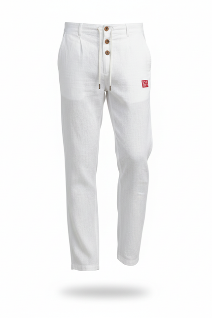 Pantalon En Lin Blanc Décontracté Boutons Confortable Respirant - vue 3