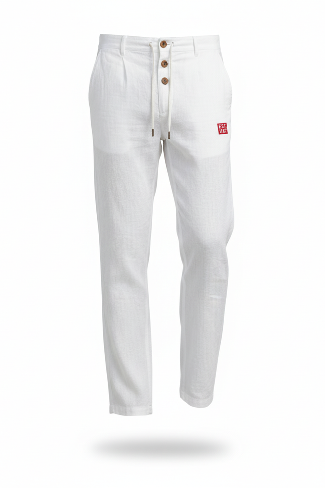 Pantalon En Lin Blanc Décontracté Boutons Confortable Respirant - vue 3