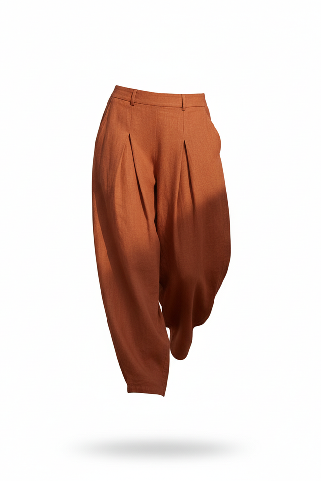 Pantalon En Lin Ample Plissé Confortable Marron Femme - vue 3