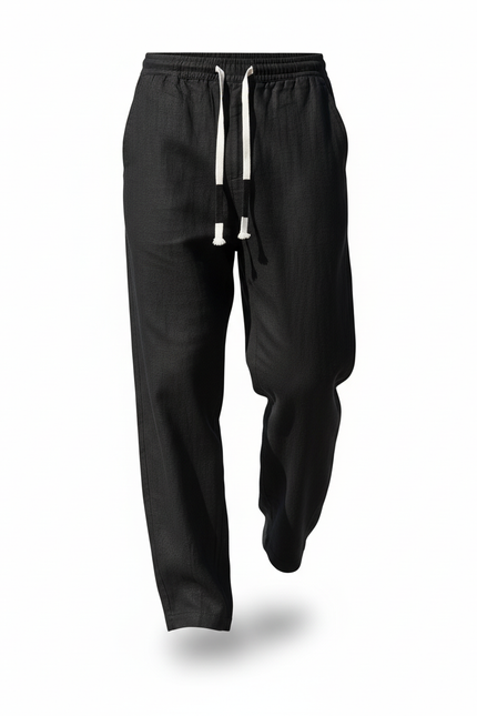 Pantalon En Lin Noir Ample Décontracté Cordon - vue 3