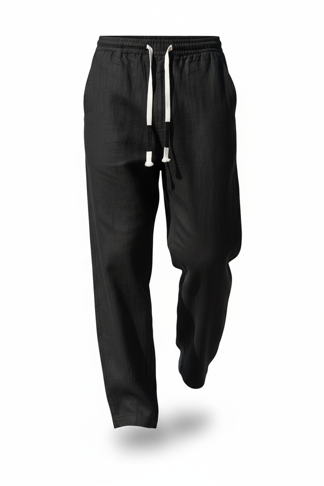 Pantalon En Lin Noir Ample Décontracté Cordon - vue 3