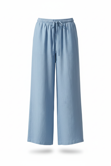 Pantalon En Lin Bleu Ample Fluide Cordon Femme - vue 3