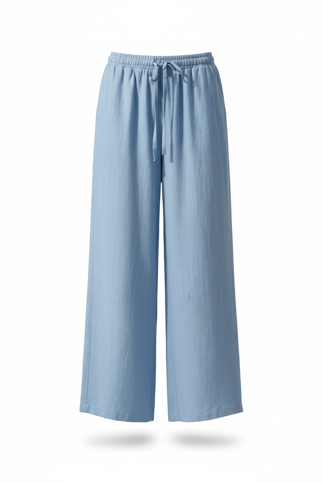 Pantalon En Lin Bleu Ample Fluide Cordon Femme - vue 3
