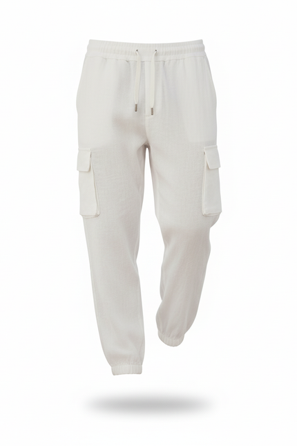 Pantalon En Lin Blanc Cargo Cordon Décontracté Homme - vue 3
