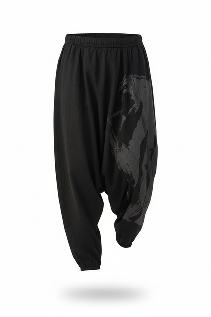 Pantalon En Lin Noir Ample Décontracté Imprimé Homme - vue 3