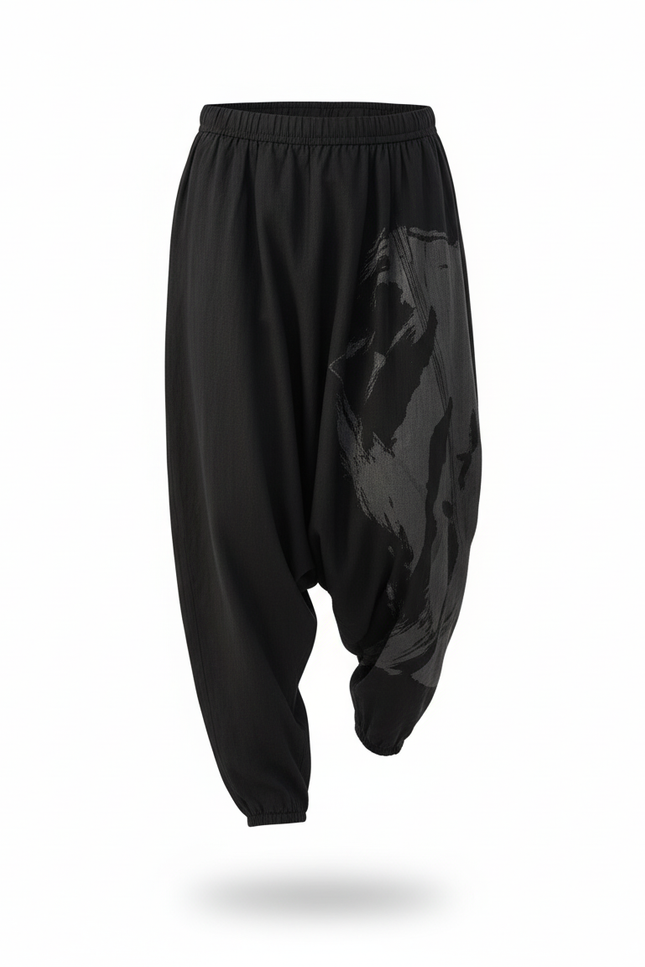 Pantalon En Lin Noir Ample Décontracté Imprimé Homme - vue 3