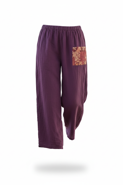 Pantalon En Lin Violet Ample Patchwork Bohème Femme - vue 3