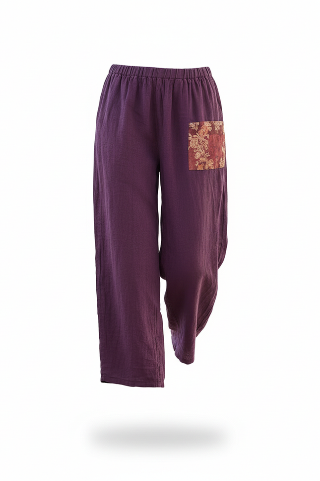 Pantalon En Lin Violet Ample Patchwork Bohème Femme - vue 3