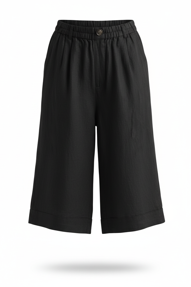 Pantalon En Lin Noir Ample Décontracté Court Femme - vue 3