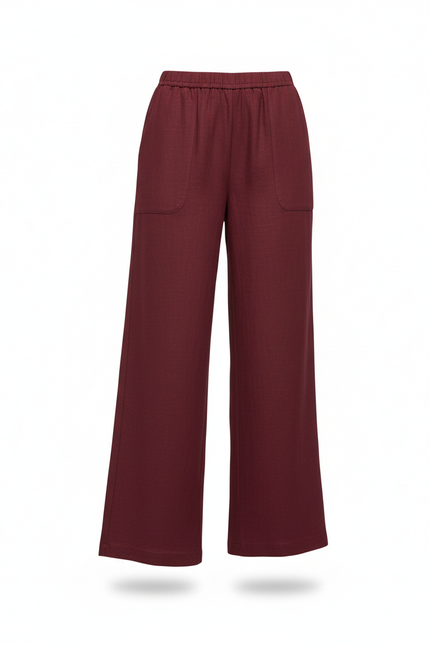 Pantalon En Lin Bordeau Ample Fluide Décontracté - Bordeaux - vue 3