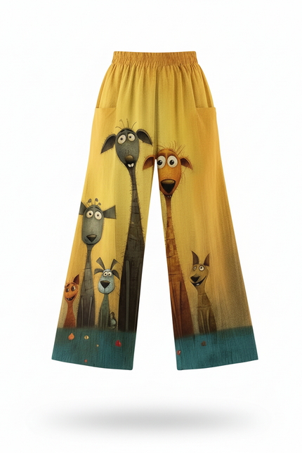 Pantalon En Lin Ample Jaune Imprimé Animaux Décontracté - vue 3