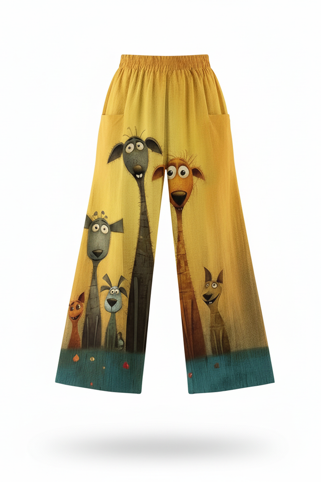Pantalon En Lin Ample Jaune Imprimé Animaux Décontracté - vue 3