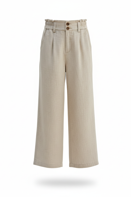 Pantalon En Lin Beige Taille Haute Ample Fluide Fille - vue 3