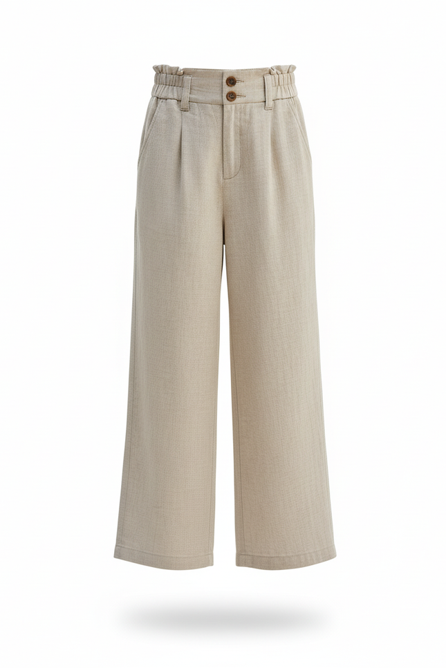 Pantalon En Lin Beige Taille Haute Ample Fluide Fille - vue 3