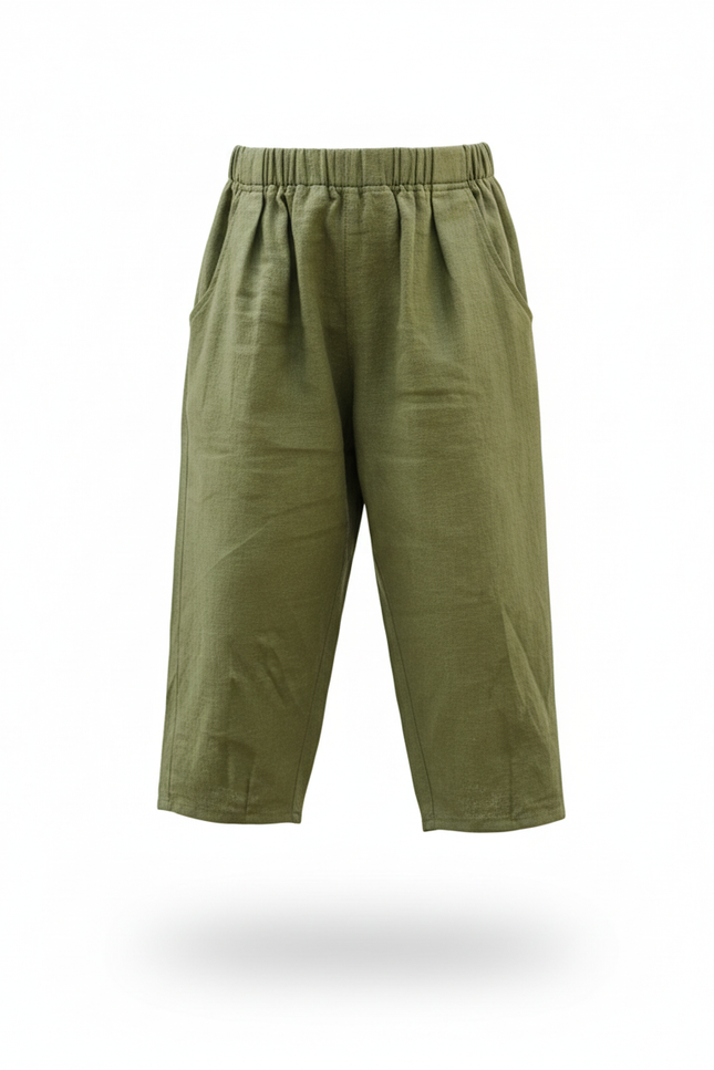 Pantalon En Lin Vert Ample Élastique Enfant - Kaki - vue 3