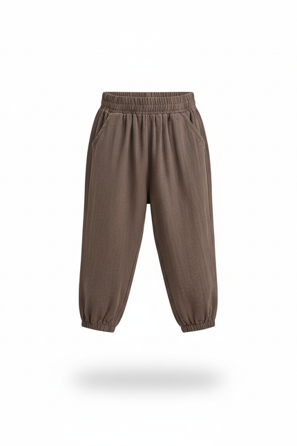 Pantalon En Lin Marron Ample Garçon Décontracté Élastique - vue 3