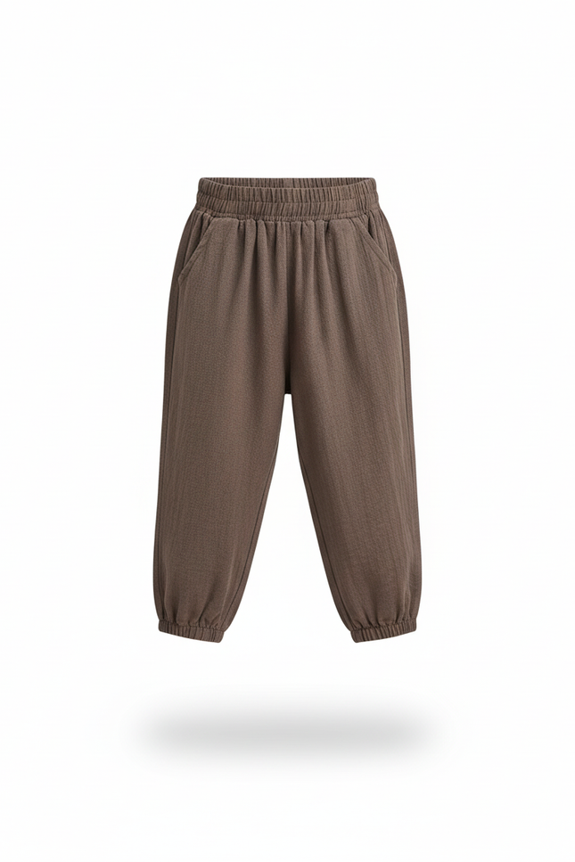 Pantalon En Lin Marron Ample Garçon Décontracté Élastique - vue 3