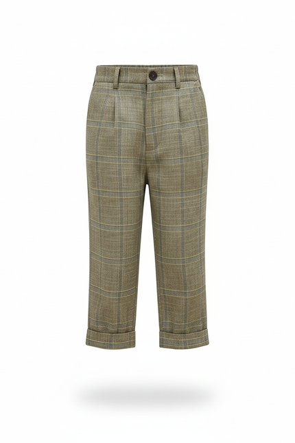 Pantalon En Lin Carreaux Vert Plissé Garçon Élégant - Kaki - vue 3