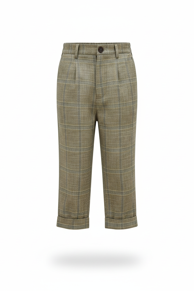Pantalon En Lin Carreaux Vert Plissé Garçon Élégant - Kaki - vue 3
