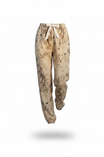 Pantalon En Lin Beige Imprimé Botanique Fluide Estival - vue 3
