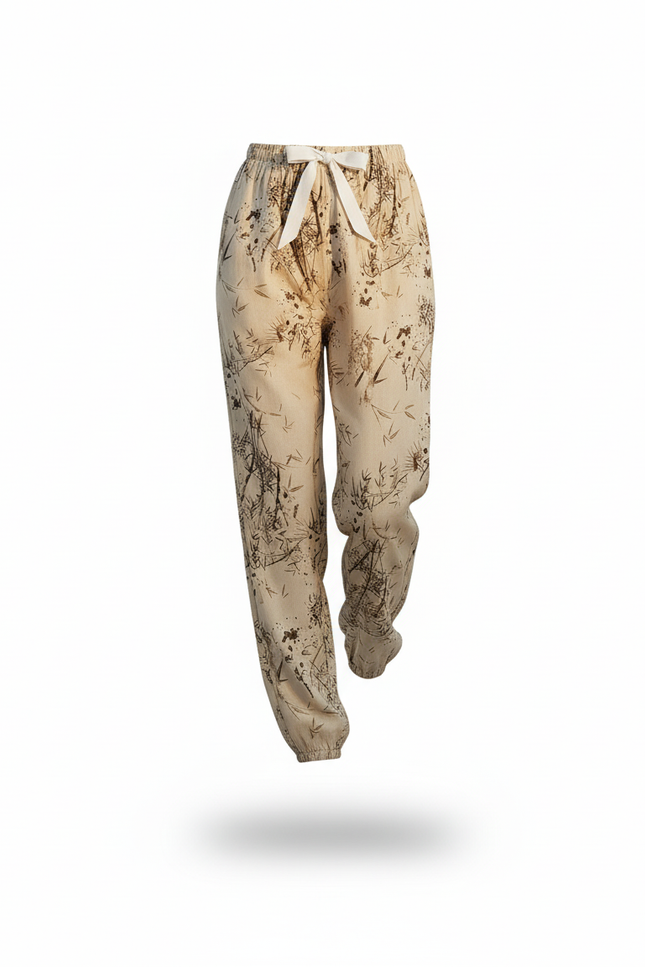 Pantalon En Lin Beige Imprimé Botanique Fluide Estival - vue 3
