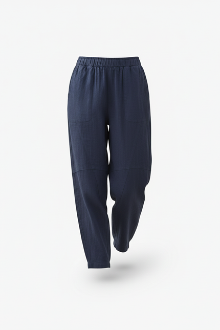 Pantalon En Lin Bleu Marine Ample Taille Élastique - vue 3