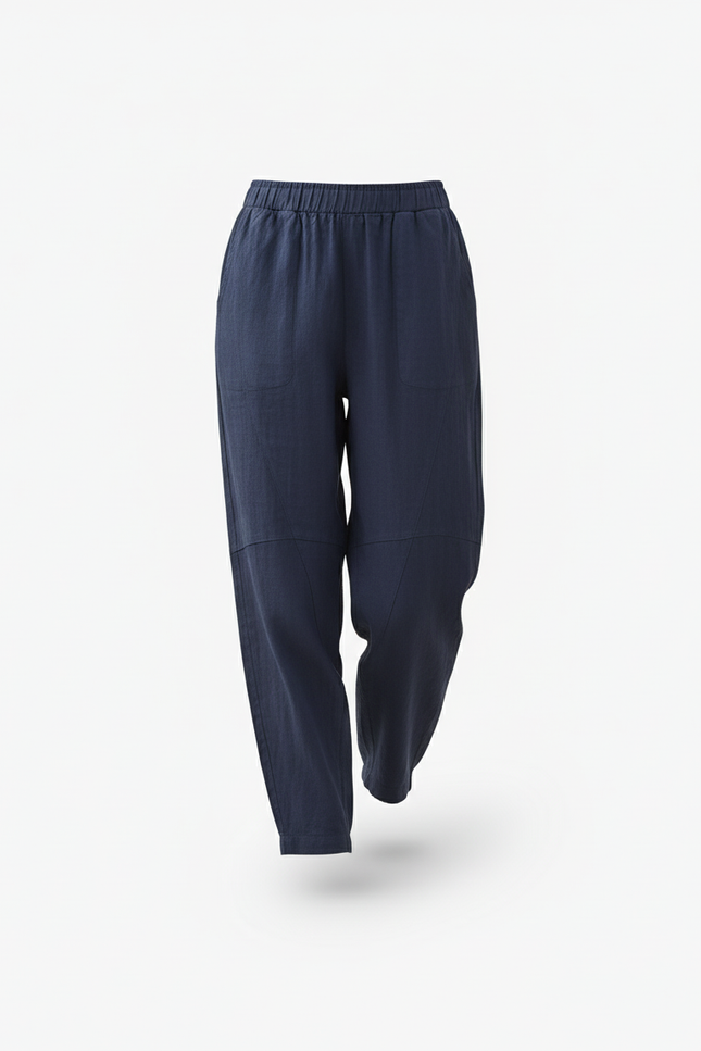 Pantalon En Lin Bleu Marine Ample Taille Élastique - vue 3