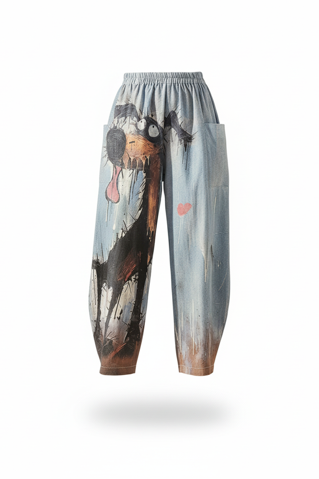 Pantalon En Lin Ample Imprimé Chat Décontracté Femme - vue 3