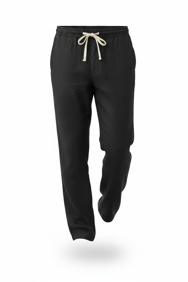 Pantalon En Lin Noir Décontracté Homme Cordon - vue 3