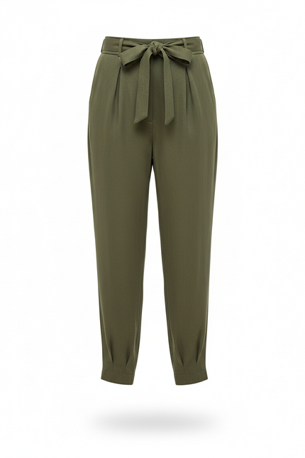 Pantalon En Lin Vert Kaki Plissé Fuselé Élégant - vue 3
